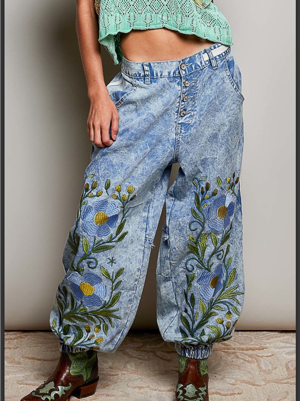 Pol Embroidered Light Blue Baggy Jeans